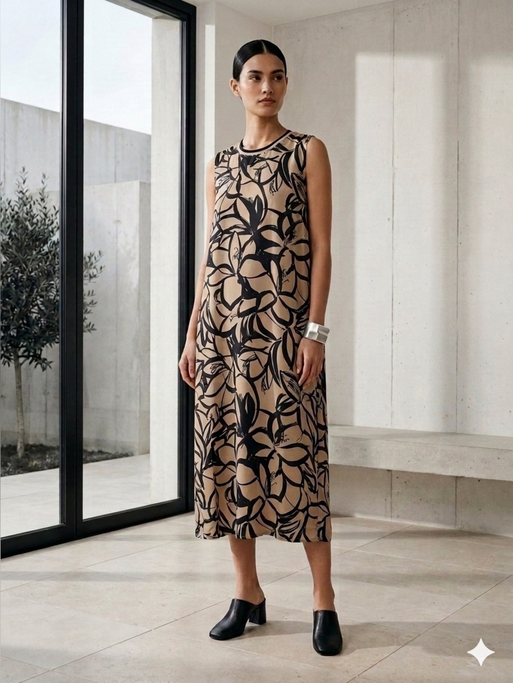 ASOS Beige & Black Botanical Print 100% Silk Sleeveless Midi Dress - US 12